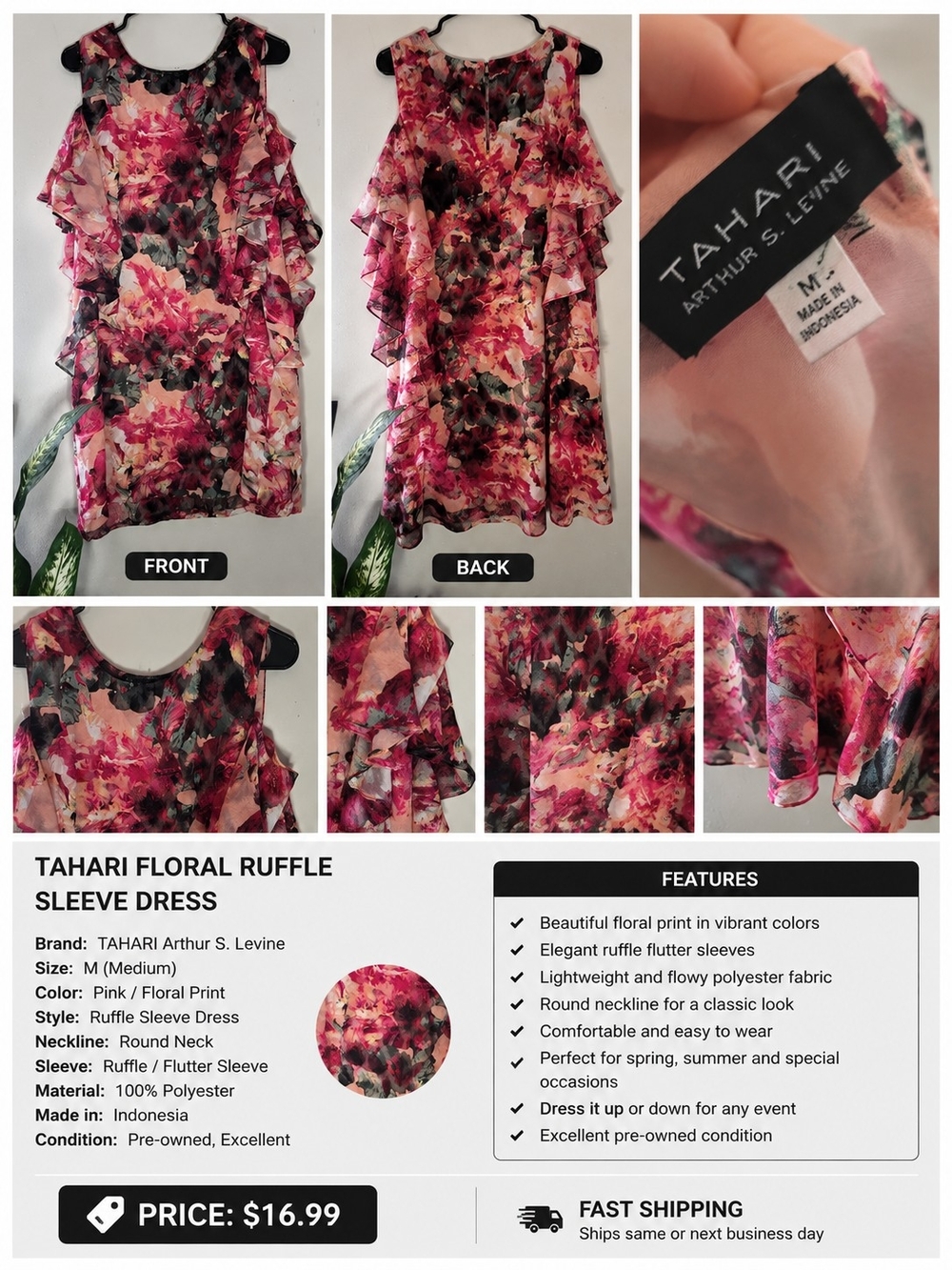 Tahari Floral Ruffle Sleeve Dress – Pink Tahari Pink Floral Ruffle Sleeve Dress